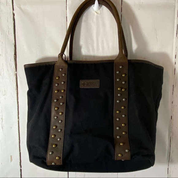 Beryll Black & Brown Canvas Leather Tote with studded design - Picture 3 of 17